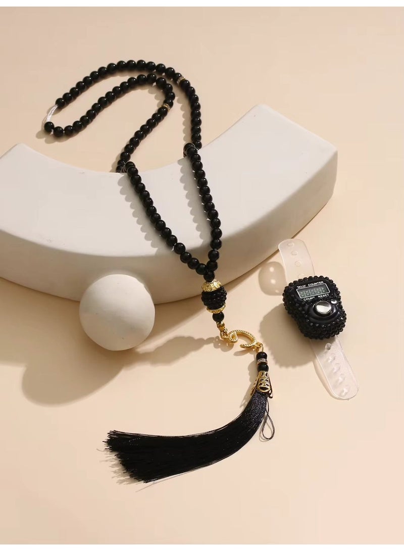 طقم سبحة مع عداد تسبيح الكتروني – تصميم انيق داخل بوكس هدايا (اسود) - Image 5